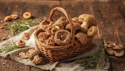 Obraz premium Freshly harvested morel mushrooms in a wicker basket on a rustic wooden table with herbs