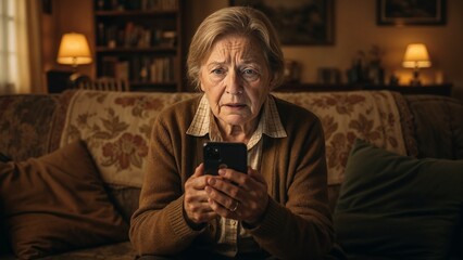 Elderly Woman Experiencing Crisis Situation Support while Using Smartphone in Cozy Living Room for Blogs, Websites, Mental Health Awareness, Social Media Content, and Caregiver Resources