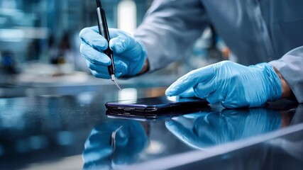 Medium shot of a technician applying an antiscratch nanocoating on a smartphone screen using a precision spray in a clean modern workshop environment.