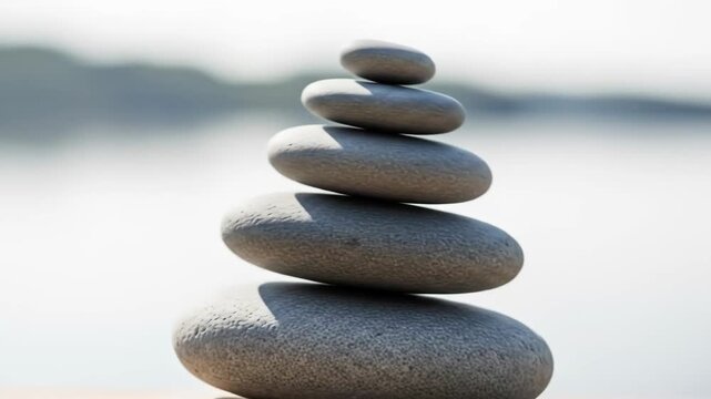 A perfectly balanced stack of smooth grey stones, symbolizing tranquility and harmony in a peaceful outdoor setting.