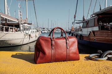 Brown leather duffel bag on a yellow pier with luxury yachts and masts in the background.