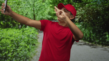 Young man in red cap and red t shirt smiling while holding smartphone and gesturing peace sign on park pathway; casual social happy.