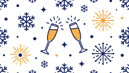New Year Celebration Pattern with Champagne Toast and Snowflakes - Navy Gold Vector Background