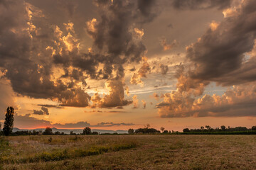 Sunset over a tranquil meadow with dramatic clouds and golden light illuminating the horizon