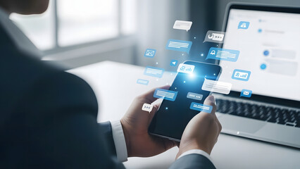 Businessman interacting with smartphone and laptop in modern office