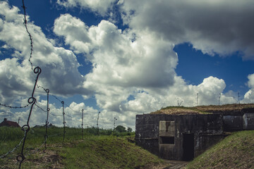 Remains of WW1 battlefields. Bunker and barbed wire network. Defense, frozen position on the 1914-1918 western frontline.