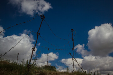 Rusted iron fence stakes from the Western Front battlefield trenches. Close-up of World War I barbed wire pig tail screw pickets in Flanders Belgium. WWI military history and hardware.