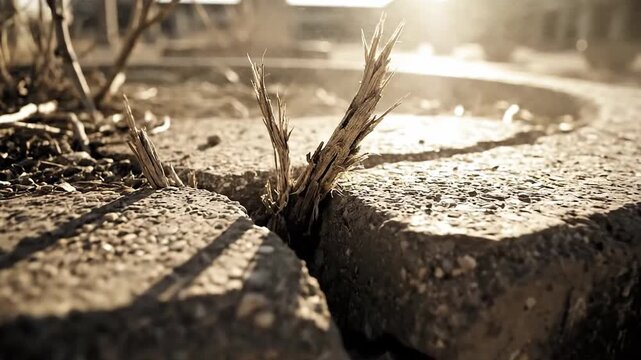 Dry brittle twigs emerge from a cracked concrete planter, symbolizing nature's enduring resilience and tenacious growth against urban decay.