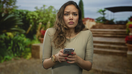 Woman outdoors in park holding smartphone with focused expression surrounded by green nature showcasing everyday technology use in an engaging outdoor setting