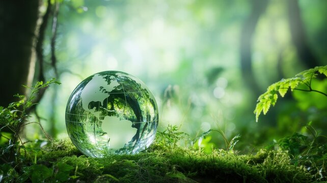 Clear glass globe reflecting lush green forest with sunlight, symbolizing earth and environmental protection - Powered by Adobe