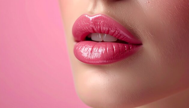 A close-up, studio shot of glossy, pink lips with a hint of moisture, showcasing a healthy, natural pout
