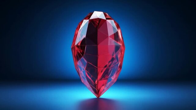 A vibrant, sparkling red gemstone with numerous facets shines brightly against a deep blue background.