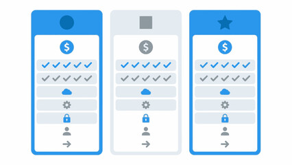 Three pricing or feature comparison cards with icons representing different service tiers and benefits, illustrating subscription plans, web design comparison templates