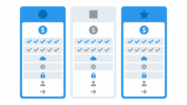 Three pricing or feature comparison cards with icons representing different service tiers and benefits, illustrating subscription plans, web design comparison templates