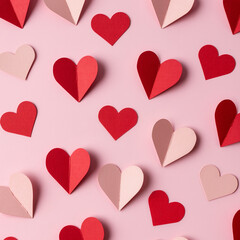 Matte red and blush paper hearts arranged neatly on a pastel pink background, top view. Minimal composition, soft shadows, handcrafted texture, and generous copy space for romantic designs.
