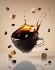 Dynamic splash of black coffee from floating cup in mid air. This energetic liquid motion with sugar cubes and coffee beans creates an exciting and fresh morning concept