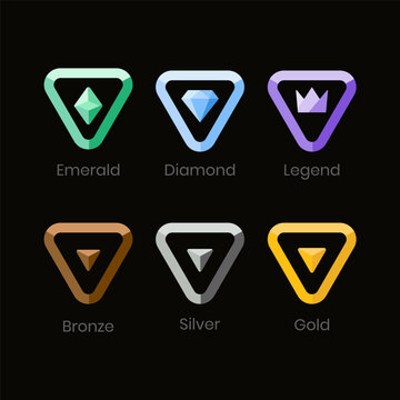 Achievement rank badge icon set with gold, silver, bronze, diamond, emerald and legend levels. Minimal geometric design for leaderboards, games, UI/UX, apps, web interfaces and ranking systems.