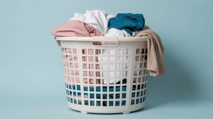 Fototapeta premium Full laundry basket with dirty clothes isolated on blue background