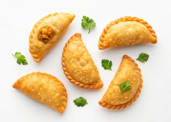 Set of Fijian curry puffs or fried empanadas with spicy potato isolated on white background, Fiji takeaway and street foods