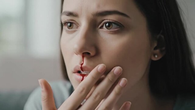 Young woman with nosebleed looking concerned, cinematic medical awareness scene, high detail, emotional realism - Generative AI