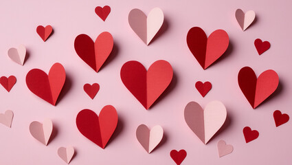 Matte red and blush paper hearts arranged neatly on a pastel pink background, top view. Minimal composition, soft shadows, handcrafted texture, and generous copy space for romantic designs.