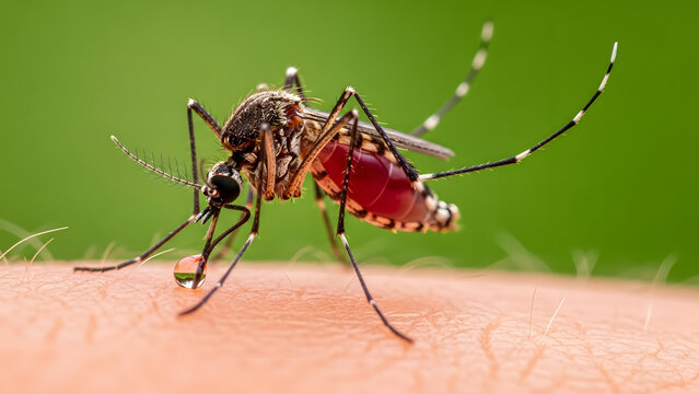 A mosquito sucking blood from a human skin with green background