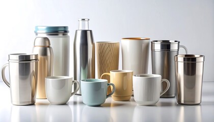 Modern drinkware collection stylish mugs, sleek thermal bottles, and elegant cups, highlighting diverse materials and smooth finishes in a bright studio product shot