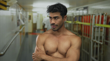 Man crosses muscular arms over bare chest in building corridor with metal rail and storage racks in view; rejection.