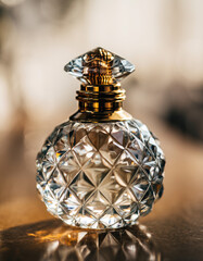 Luxurious crystal perfume bottle with intricate glasswork and gold stopper. This elegant cosmetic container for fragrance evokes feeling of opulence and classic beauty