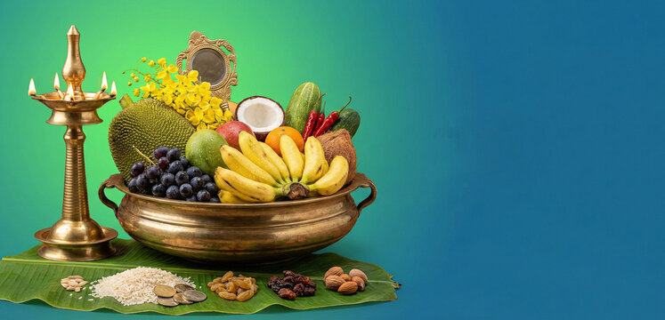 Traditional Kerala Vishu Festival Kani Arrangement with Lit Nilavilakku Lamp Yellow Flowers and Fruits in Brass Uruli for Hindu New Year Greeting Card or Web Banner Design - Photoshop with AI