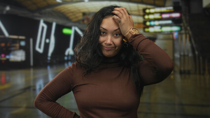 Woman touching forehead with hand and wristwatch visible in airport terminal, indoor concourse;...