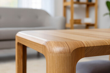 Close-up of a solid oak seat with smooth curved edges and detailed wood grain. Minimalist home interior with blurred furniture details and soft natural lighting.