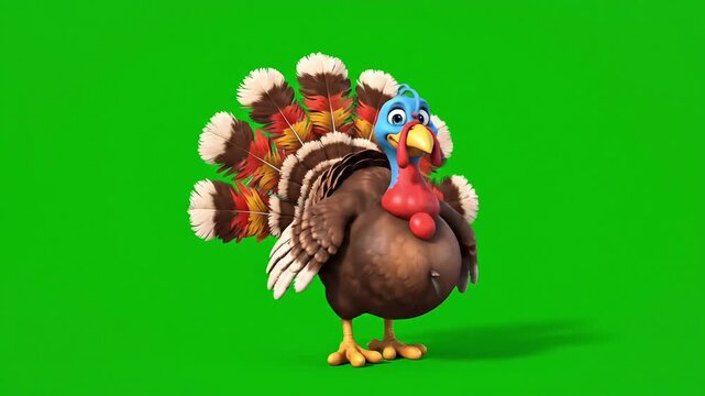 Animated cartoon turkey with colorful feathers on green screen