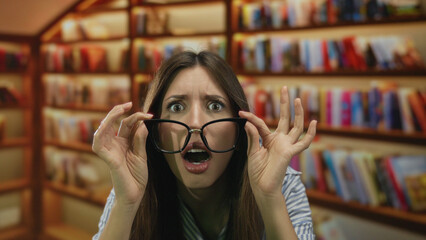 Woman lifts black frame glasses with wide eyes amid colorful bookshelves in modern library aisle  surprise curiosity wonder confusion. © Krakenimages.com