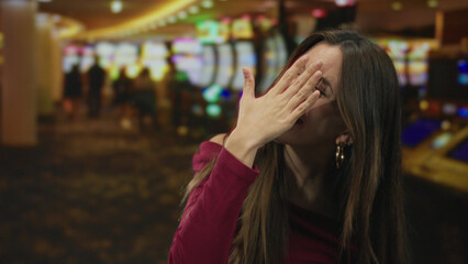 Brunette woman with long hair laughs and covers face with her hand by glowing slot machines in a casino; luck fun joy.