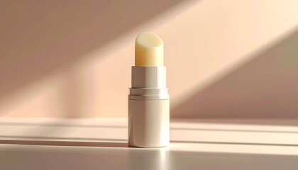 A creamy lip balm stick with a smooth texture, presented in a minimalist product shot with soft lighting