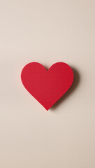 Single red paper heart centered on a light beige pastel background. Subtle paper grain, soft side lighting, gentle shadow. Clean modern minimalism with ample copy space for branding and seasonal campa