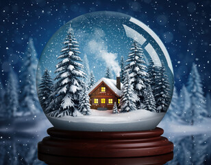Magical snow globe with cozy wooden cabin in winter forest. Snow falls gently on trees and smoke comes from chimney, creating peaceful Christmas scene