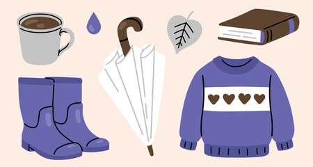 Cozy autumn flat vector illustration set with sweater, rubber boots, umbrella, coffee mug, book and leaves. Warm fall hygge elements for seasonal designs, cards, prints and lifestyle graphics.