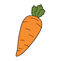 Bright cartoon carrot with green leaves, flat vector illustration with bold outlines. Isolated vegetable icon for healthy food designs, children illustrations, education, packaging, stickers and menus