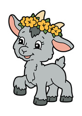 Cute cartoon baby goat with flower crown, smiling farm animal character in flat vector style. Isolated illustration for children designs, nursery art, stickers, educational materials and spring themes
