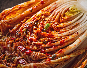 Appetizing macro close up of traditional Korean spicy red fermented kimchi. Delicious food with glistening sauce and visible chili flake on napa cabbage, healthy and savory dish