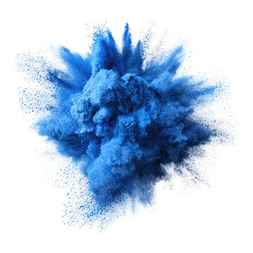 Abstract blue dust explosion on transparent background. Freeze motion of blue powder splash. Painted Holi in festival.
