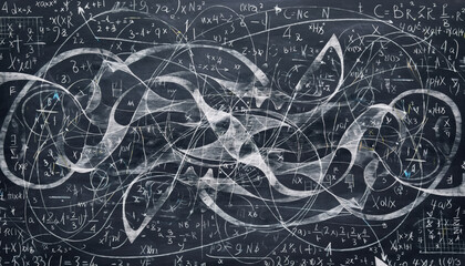 Stormy, chaotic math landscape of interwoven chalk marks on blackboard. An abstract background representing complex scientific theory, physics equations, and quantum mechanics