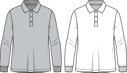 Men long sleeve polo shirt fashion technical sketch showing front views with ribbed cuffs casual wear cad drawing flat vector illustration © Biplob Creatives
