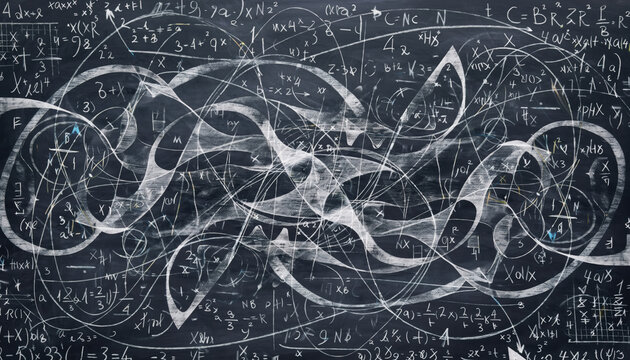 Stormy, chaotic math landscape of interwoven chalk marks on blackboard. An abstract background representing complex scientific theory, physics equations, and quantum mechanics - Powered by Adobe