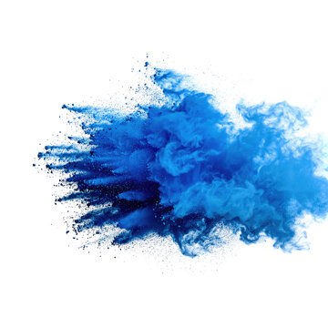 Abstract blue dust explosion on transparent background. Freeze motion of blue powder splash. Painted Holi in festival.