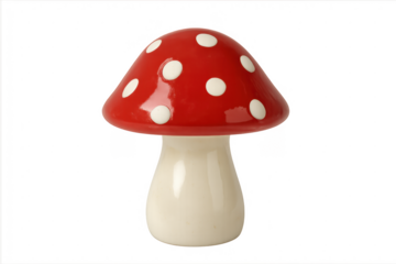 Red and white polka dot mushroom figurine on transparent background