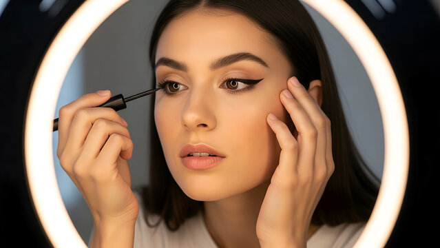 Young woman with flawless skin carefully applies liquid eyeliner wing to create a dramatic cat eye look while illuminated by bright ring light in a close up portrait. - Powered by Adobe