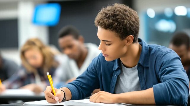 Faceless multi-ethnic teenager students taking exam at high school technical preparation course for university, diverse education, defocused classroom, with copy space